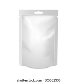 White blank foil food or drink bag packaging with hang slot blister. Plastic pack template ready for your design.  Vector 