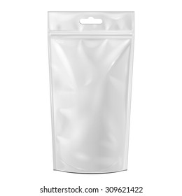 White Blank Foil Food Or Drink Doypack Bag Packaging With Hang Slot. Illustration Isolated On White Background. Mock Up Template Ready For Your Design. Vector EPS10