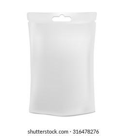 White blank foil food or drink bag packaging with hang slot blister. Plastic pack template ready for your design. Vector