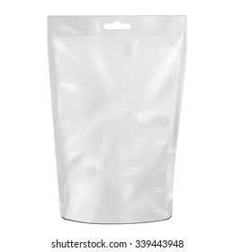 White Blank Foil Food Or Drink Doypack Bag Packaging With Hang Slot. Illustration Isolated On White Background. Mock Up Template Ready For Your Design. Vector EPS10