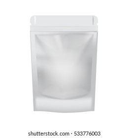 White Blank Foil Food Pack Stand Up Pouch Bag Packaging With Zipper. Illustration Isolated On White Background. Vector Mock Up, Mockup Template Ready For Your Design.