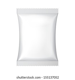 White Blank Foil Food Snack Sachet Bag Packaging For Coffee, Salt, Sugar, Pepper, Spices, Sachet, Sweets, Chips, Cookies Or Candy. Plastic Pack Template Ready For Your Design. Vector EPS10 