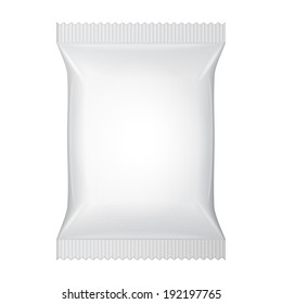 White Blank Foil Food Snack Sachet Bag Packaging For Coffee, Salt, Sugar, Pepper, Spices, Sachet, Sweets, Chips, Cookies Or Candy. Plastic Pack Template Ready For Your Design. Vector EPS10 