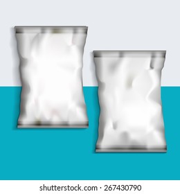 White Blank Foil Food Snack pack For Chips, Spices, Coffee, Salt, and other products. Plastic Pack Template for your design and branding. Vector