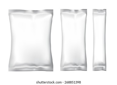 White Blank Foil Food Snack pack For Chips, Spices, Coffee, Salt, and other products. Plastic Pack Template for your design and branding. Vector