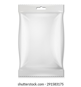 White Blank Foil Food Snack Sachet Bag Hang Slot Packaging For Coffee, Salt, Sugar, Spices, Sachet, Sweets, Chips, Cookies. Illustration Isolated. Mock Up Template Ready For Your Design. Vector EPS10