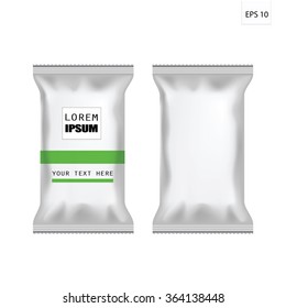 White Blank Foil Food Snack Sachet Bag Packaging For Coffee, Salt, Sugar, Pepper, Spices, Sachet, Sweets, Chips, Cookies Or Candy. Plastic Pack Template Ready For Your Design.