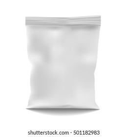 White Blank Foil Food Snack Sachet Bag Packaging For Coffee, Salt, Sugar, Pepper, Spices, Sachet, Sweets, Chips, Cookies. Illustration Isolated. Mock Up Template Ready For Your Design. Vector EPS10