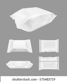 White blank foil food snack pack for chips, candy and other products. Wet wipes packaging.