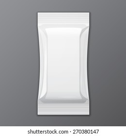 White Blank Foil Packaging Coffee, Salt, Sugar, Pepper, Spices, Sachet, Sweets Or Candy Plastic Pack Ready For Your Design. Snack Product Packing Vector EPS10