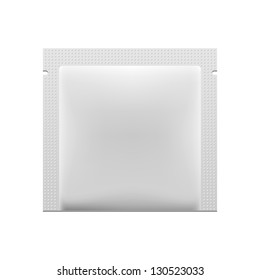 White Blank Foil Packaging Medicine Drugs Or Coffee, Salt, Sugar, Pepper, Spices, Sachet, Sweets, Candy Or Condom Wrapper. Plastic Pack Ready For Your Design. Snack Product Packing Vector EPS10