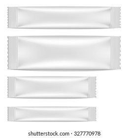 White Blank Foil Packaging Sachet Coffee, Salt, Sugar, Pepper Or Spices Stick Plastic Pack Ready For Your Design. Snack Product Packing Vector EPS10