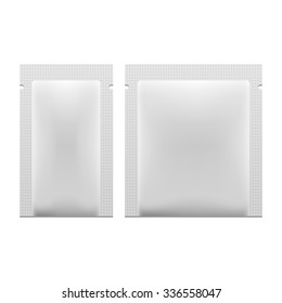 White Blank Foil Packaging Stick Medicine Drugs Or Chewing Gum, Coffee, Salt, Sugar, Spices, Sachet, Sweets, Candy. Isolated Mock Up Template Ready For Your Design. Product Packing Vector EPS10
