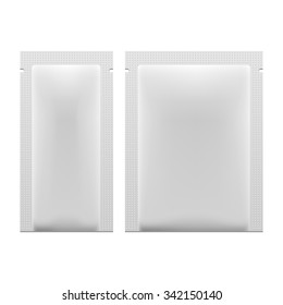 Embalaje De Aceite Blanco En Blanco Medicamentos Para Palas O Goma De Mascar, Café, Sal, Azúcar, Especias, Sobre, Dulces, Dulce. Plantilla De Montaje Aislada Preparada Para Su Diseño. Vector de embalaje de producto EPS10