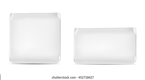 White blank foil or paper packaging isolated on white background. Sachet for soap, coffee, spices, sweets, cookies and flour.