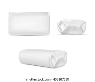 White blank foil or paper packaging isolated on white background. Sachet for soap, coffee, spices, sweets, cookies and flour.