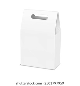 White blank folding cardboard gable box with die cut carry handle. Realistic 3d vector mock-up. Paper gift bag packaging. Mockup. Template for design