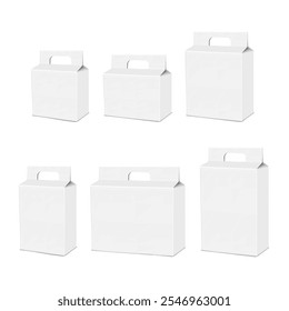 White blank folding cardboard gable box with cut handle. Realistic 3d vector mock-up set. Paperboard gift bag packaging. Mockup kit. Square and rectangle carton container package. Template for design