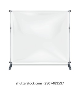 White blank folding square advertising banner on metal frame realistic vector mockup. Empty portable backdrop display stand mock-up. Template for design