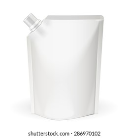 White Blank, Food Bag Packaging With Spout Lid. Products On White Background Isolated. Ready For Your Design. Product Packing. Vector EPS10 