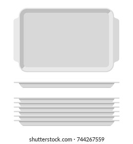White blank food tray set with handles. Rectangular kitchen salvers isolated on white background. Plastic tray for canteen illustration, top view plate rectangle stack. Vector illustration