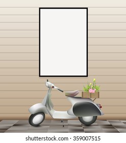 White blank frame on wall and scooter romantic retro concept
