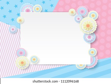 White blank frame for placing text, congratulations, surrounded by spring flowers, circles in style of paper art on background of geometric patterns in delicate pastel pink blue colors.  Summer vector