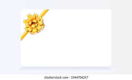 White blank gift card isolated on gray background. Gold ribbon and bow. Vector template, 3d illustration.