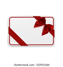 White blank gift card template with red ribbon and a bow. Vector illustration.