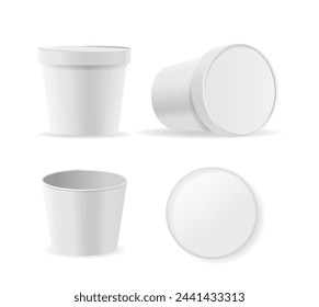 White Blank Glossy Round Food Containers For Brand Displays and Advertising. Closed and Open Ice Cream Bucket Mockups