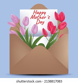 White blank greeting card with brown envelope and bleached mommy flowers on white background