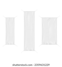 White blank hanging fabric banner on metal pole frame. Vector mockup set. Empty vertical vinyl poster mock-up kit. Template for design