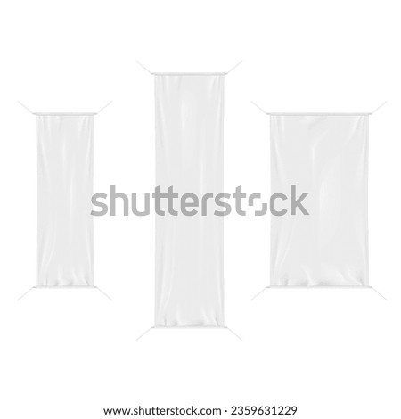 White blank hanging fabric banner on metal pole frame. Vector mockup set. Empty vertical vinyl poster mock-up kit. Template for design