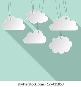 White blank hanging paper clouds blue flat design