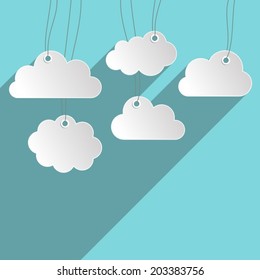White blank hanging paper clouds blue flat design