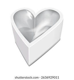 White blank heart-shaped cardboard two-piece gift box with clear plastic window. Realistic 3d vector mock-up. Paper container package with transparent lift-off lid. Mockup. Template for design
