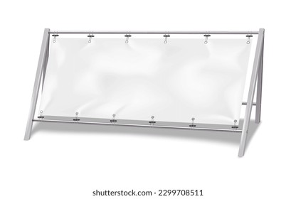 Banner de publicidad horizontal blanco en blanco sobre el simulador de vectores metálicos a-frame realista. Mochila de pantalla portátil vacía. Plantilla para el diseño