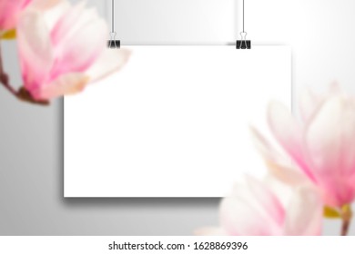 White blank horizontal poster on clips and large magnolia flowers. Realistic  template for the romantic spring design or Valentine's Day