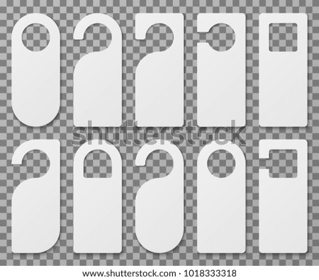 White blank hotel room door hangers vector template isolated. Empty label hanger on door hotel room illustration