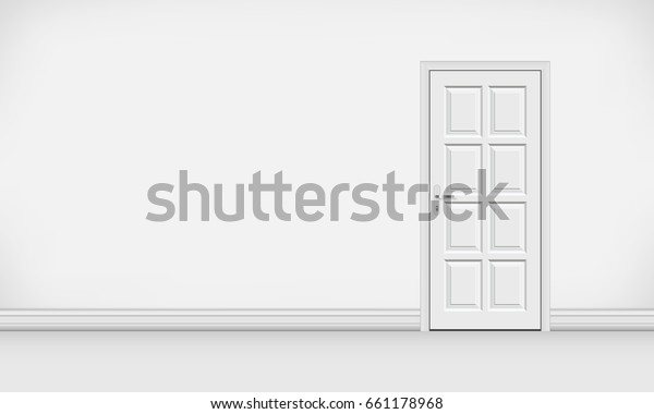 White blank interior with closed white door\
vector template.