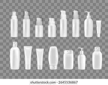 White blank isolated cosmetic containers, mockup set. Realistic vector of packagings
