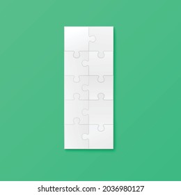 Rompecabezas blanco blanco en blanco rompecabezas pieza conectada maqueta de diseño, ilustración vectorial realista aislada en fondo verde. Plantilla de elemento de mosaico gráfico abstracto.