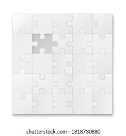 White blank jigsaw puzzle template with one missing piece, realistic vector illustration isolated on white background. Puzzle parts connected in square frame.