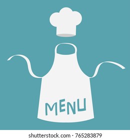 White blank kitchen cotton apron. Chef hat. Menu card template. Uniform for cook or baker. Cooking icon set. Flat design. Blue background. Isolated. Vector illustration.