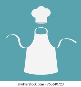 White blank kitchen cotton apron. Chef hat. Uniform for cook or baker. Cooking icon set. Menu card template. Flat design. Blue background. Isolated. Vector illustration.