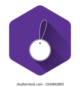 White Blank label template price tag icon isolated with long shadow. Empty shopping discounts sticker. Template discount banner. Purple hexagon button. Vector Illustration