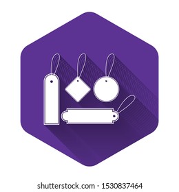 White Blank labels template price tags set icon isolated with long shadow. Empty shopping discounts stickers. Template discount banners set. Purple hexagon button. Vector Illustration