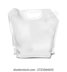 Grande bolsa de pie en blanco blanco con mango de transporte reforzado cortado con troquel. Maqueta de Vector 3D realista. Boquilla bolsa de plástico con tapón de rosca. Maqueta. Embalaje de gran volumen de producto líquido. Plantilla