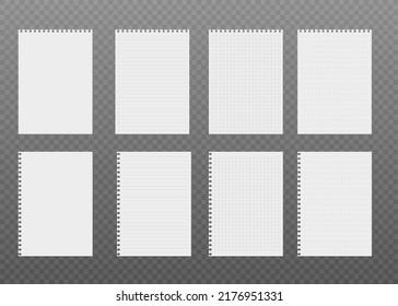 White blank lined, checked and blank notebook paper sheet templates set, realistic vector illustration isolated on transparent background. Note pages mockups for text.
