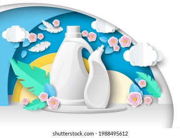 White blank liquid cleaner packaging plastic bottle mockup set on podium, paper cut floral background, vector illustration. Dishwashing liquid, laundry detergent, bleach, etc. Household chemicals ads.